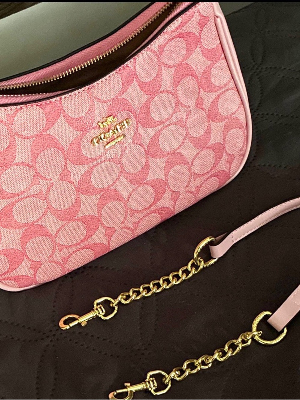 Coach Pink Signature Canvas Shoulder Bag with Gold Chain Strap